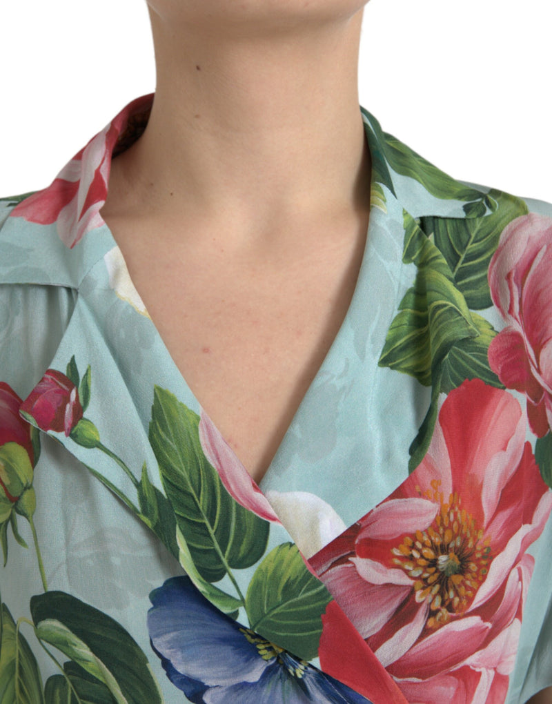 Dolce & Gabbana Blue Floral Wide Leg Wrap Jumpsuit