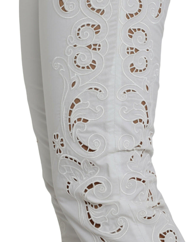 Dolce & Gabbana White Cut Out Cotton Mid Waist Cropped Pants