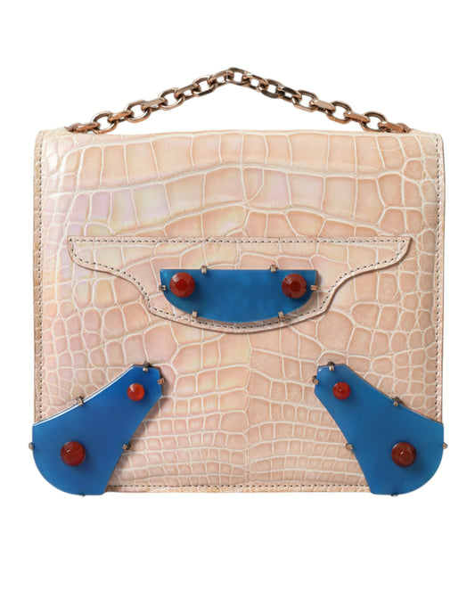 Sac à main Balenciaga en cuir exotique beige et bleu agate avec chaîne dorée