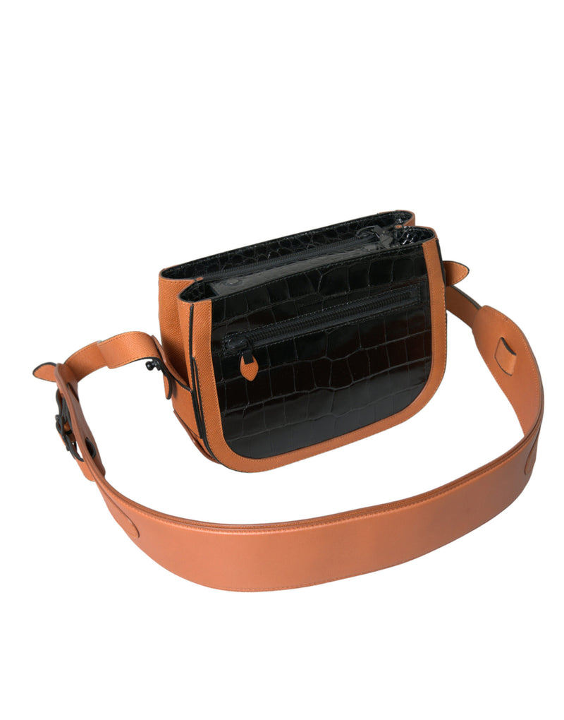 Balenciaga Black Brown Crocodile Skin Shoulder Camera Bag