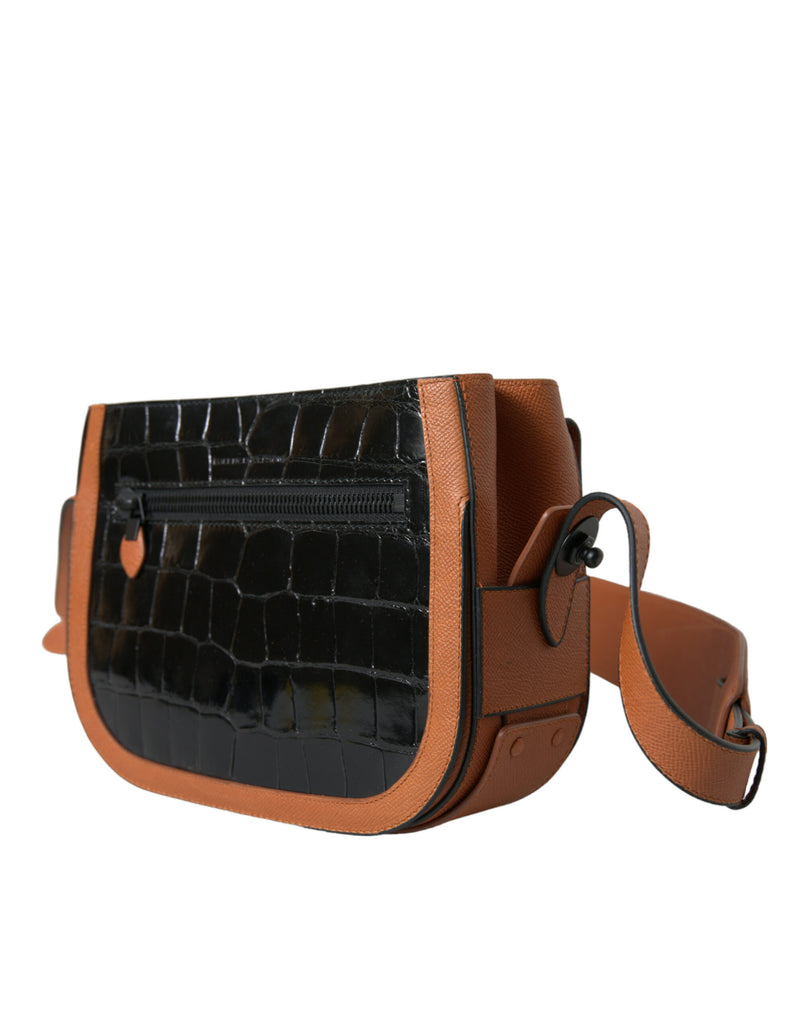 Balenciaga Black Brown Crocodile Skin Shoulder Camera Bag