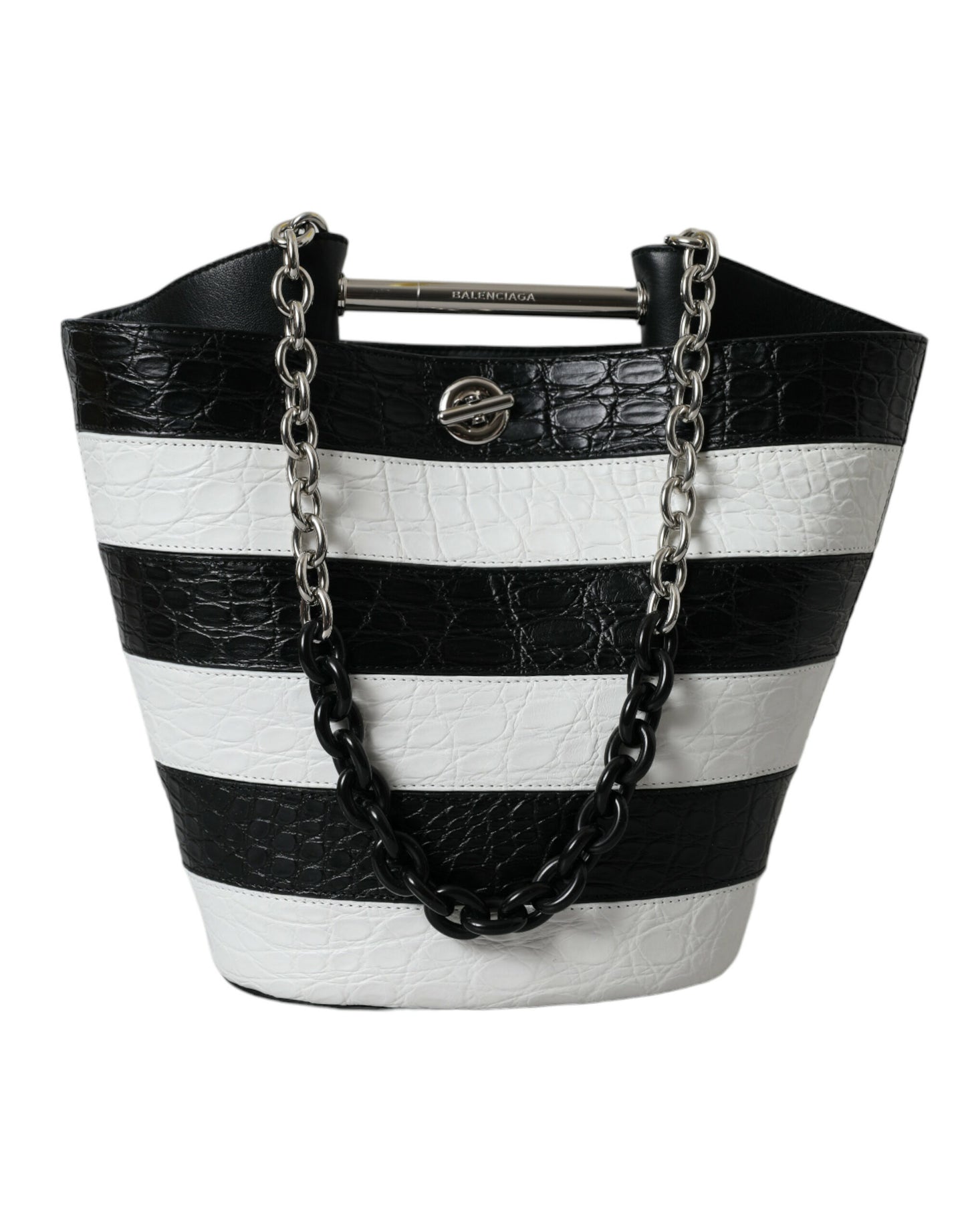 Balenciaga Zwart Wit Gestreepte Exotische Huid Leren Maxi Bucket Tote Bag