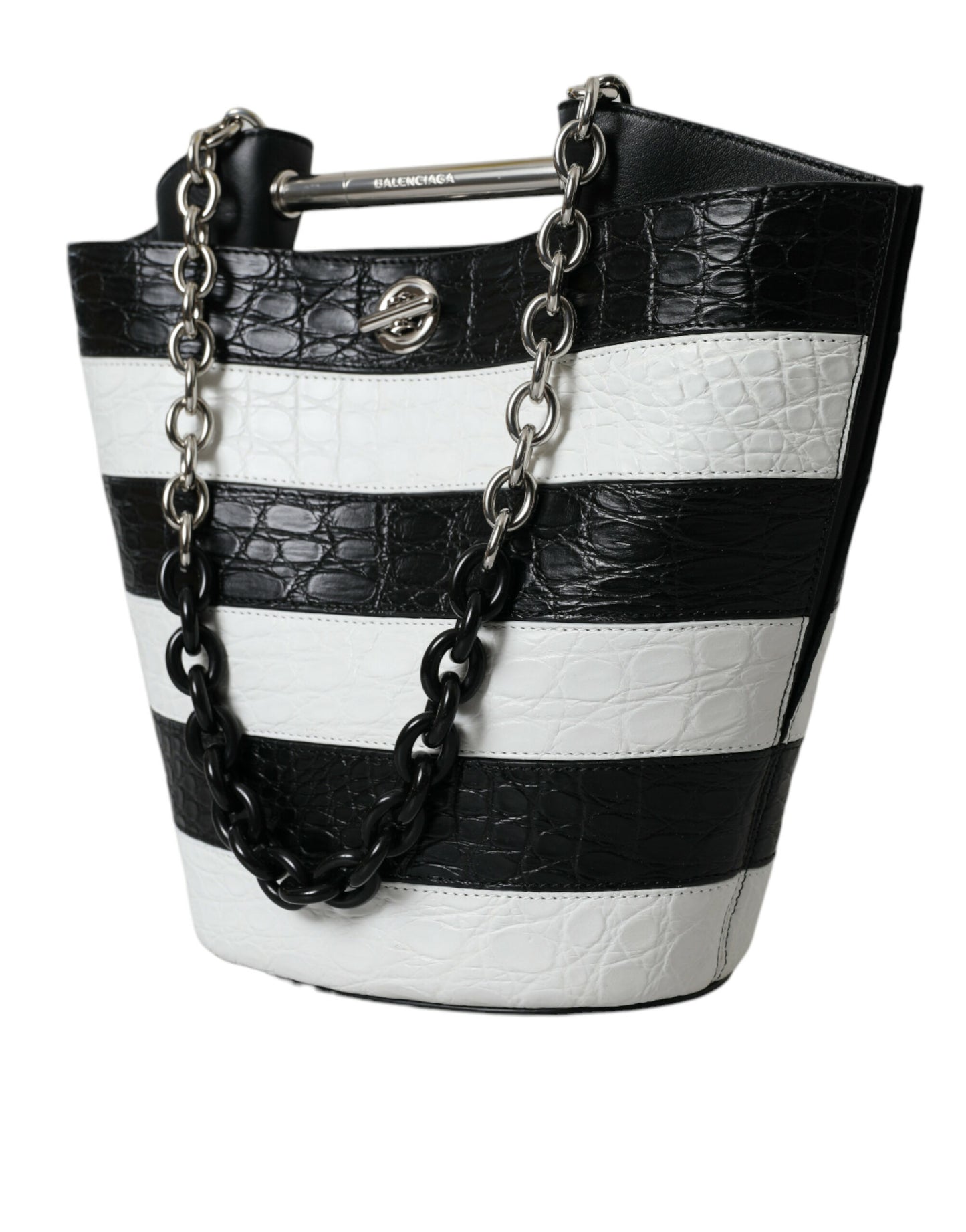 Balenciaga Zwart Wit Gestreepte Exotische Huid Leren Maxi Bucket Tote Bag