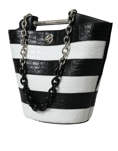 Balenciaga Zwart Wit Gestreepte Exotische Huid Leren Maxi Bucket Tote Bag