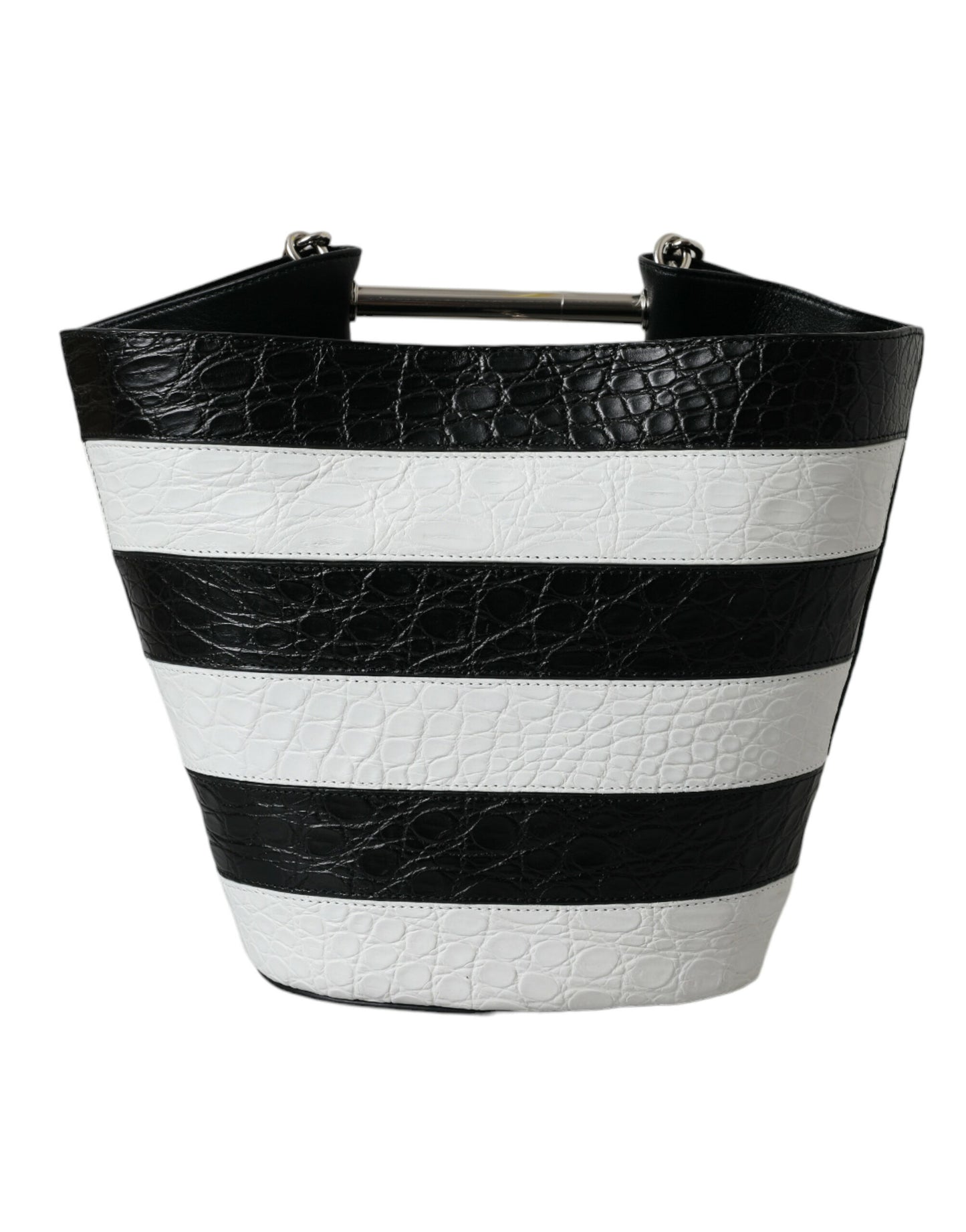 Balenciaga Zwart Wit Gestreepte Exotische Huid Leren Maxi Bucket Tote Bag
