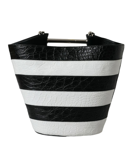 Balenciaga Zwart Wit Gestreepte Exotische Huid Leren Maxi Bucket Tote Bag