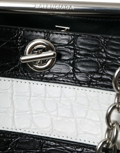 Balenciaga Zwart Wit Gestreepte Exotische Huid Leren Maxi Bucket Tote Bag