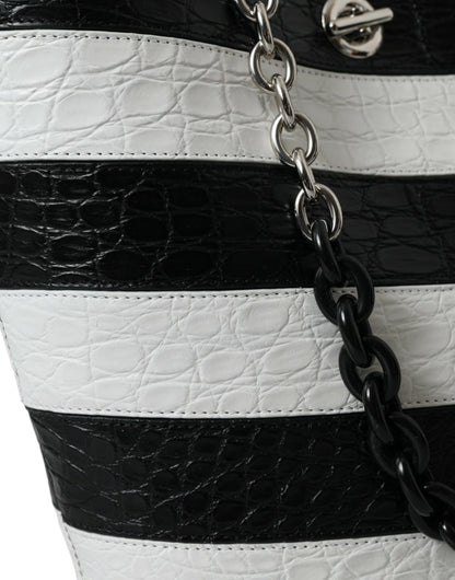 Balenciaga Zwart Wit Gestreepte Exotische Huid Leren Maxi Bucket Tote Bag