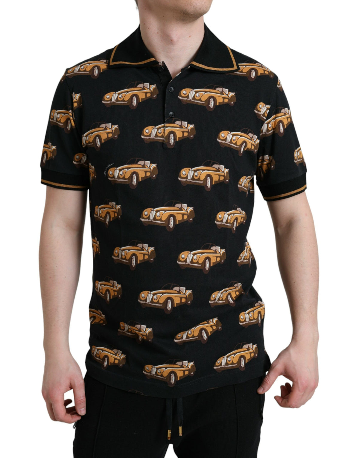 T-shirt polo à manches courtes noir avec imprimé de voiture de Dolce &amp; Gabbana