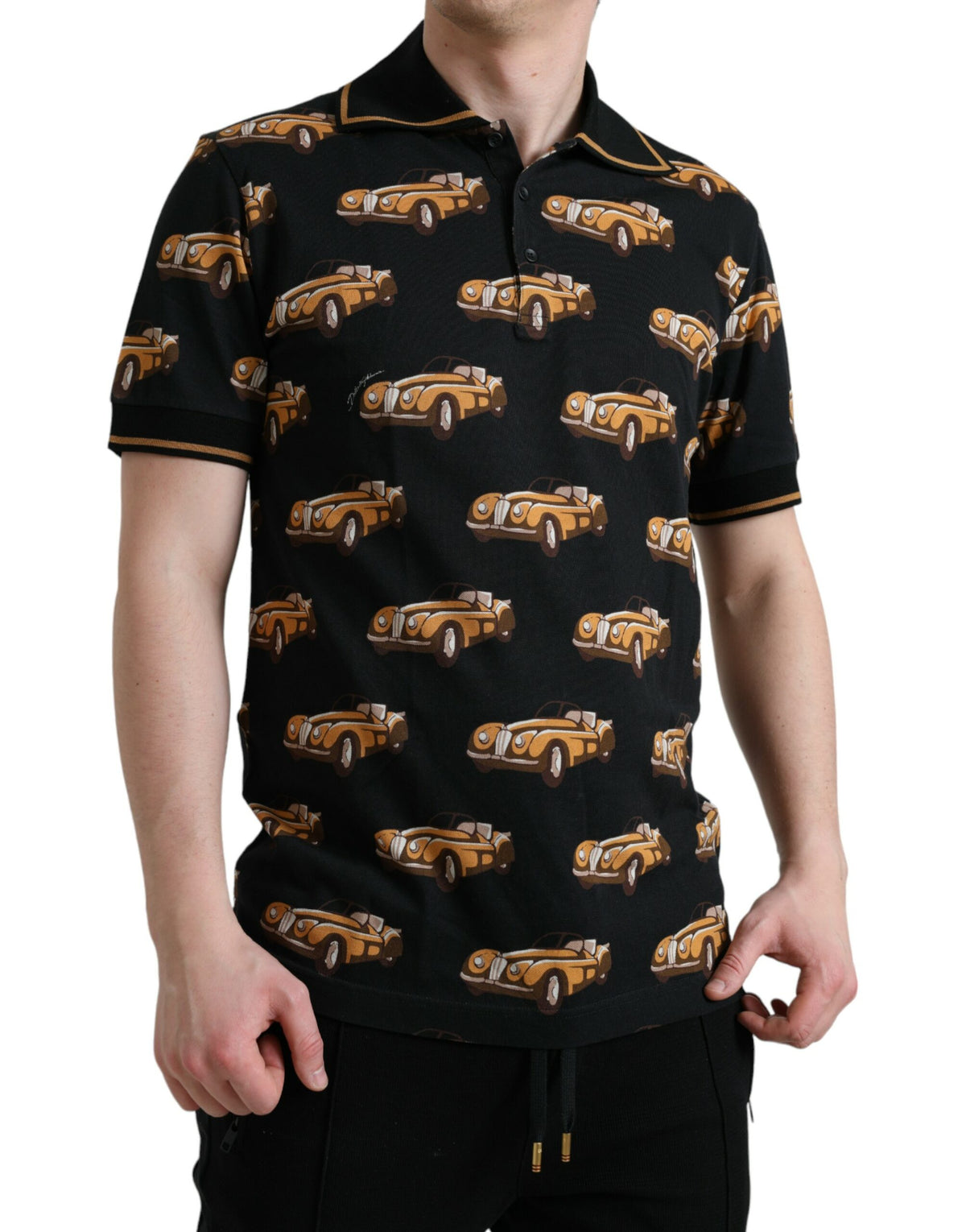 T-shirt polo à manches courtes noir avec imprimé de voiture de Dolce &amp; Gabbana