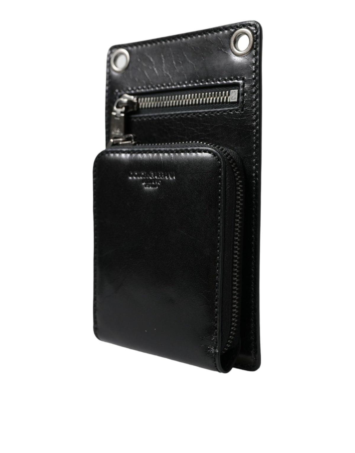Portefeuille Dolce &amp; Gabbana en cuir de cheval noir avec fermeture éclair et logo, compartiment pour téléphone