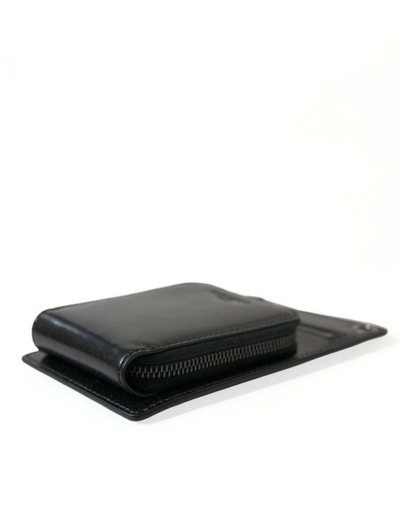 Portefeuille Dolce &amp; Gabbana en cuir de cheval noir avec fermeture éclair et logo, compartiment pour téléphone