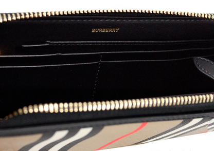 Portefeuille continental zippé Burberry Ellerby en cuir noir et toile à rayures emblématiques