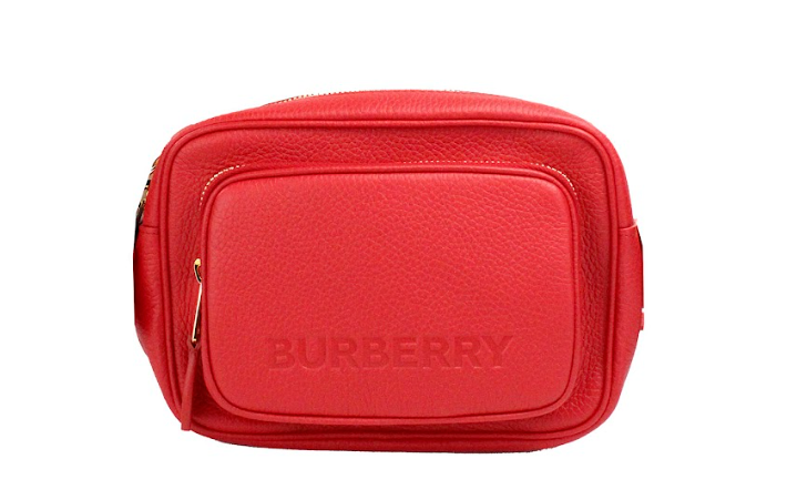 Burberry Kleine, rode, geprinte leren camera-crossbodytas met merklogo