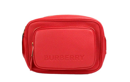 Burberry Kleine, rode, geprinte leren camera-crossbodytas met merklogo