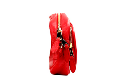 Burberry Kleine, rode, geprinte leren camera-crossbodytas met merklogo