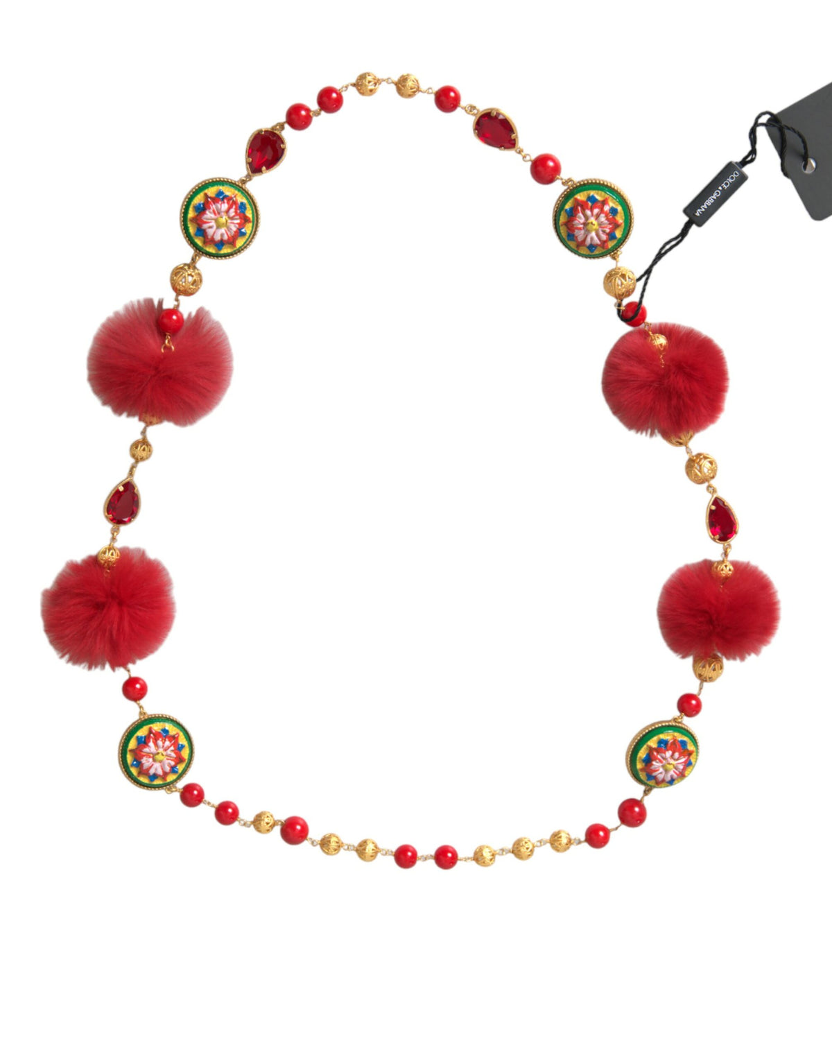 Collier Chaîne Carretto en Laiton Doré, Fourrure Rouge et Cristaux - Dolce & Gabbana