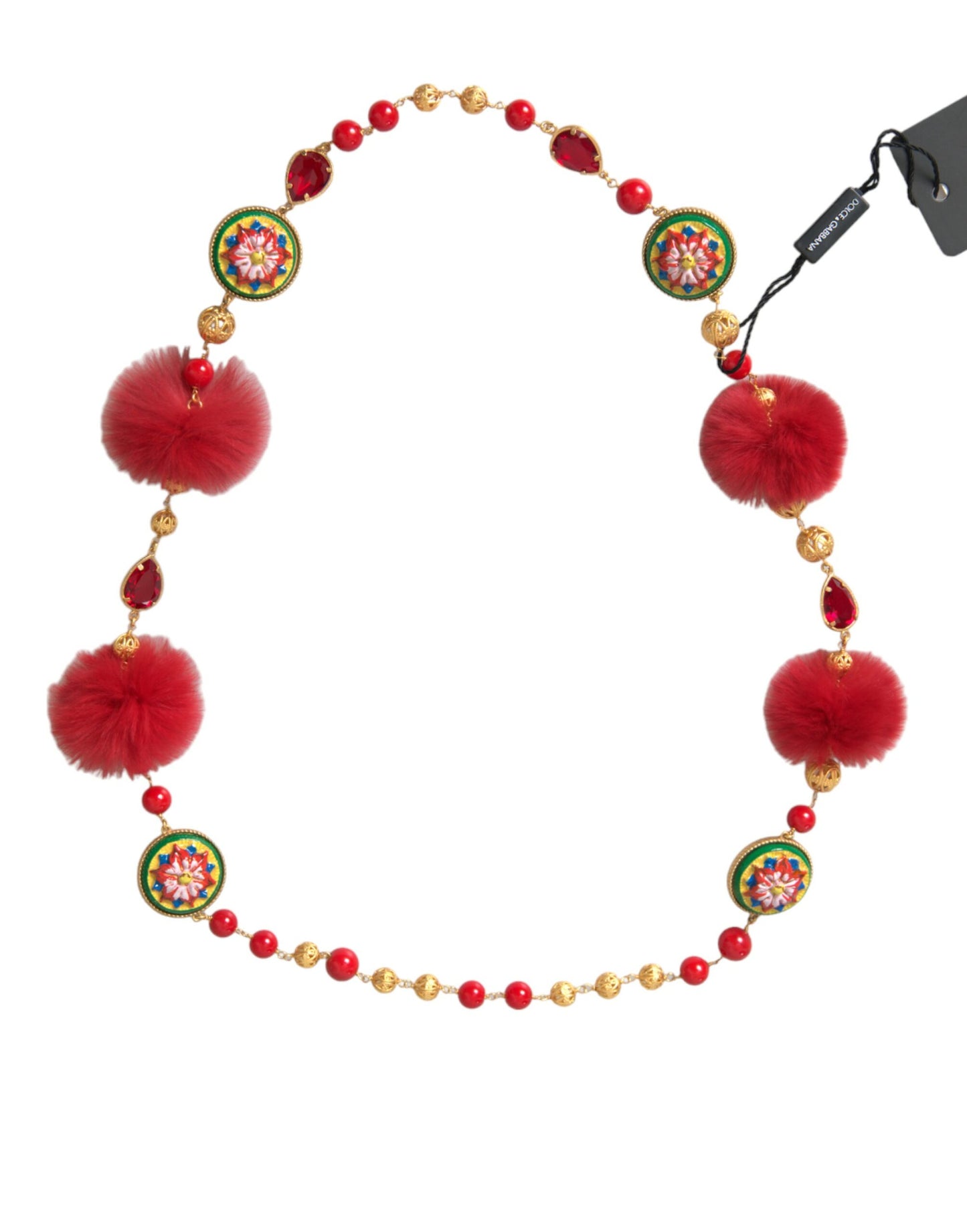 Collier chaîne Carretto en laiton doré et fourrure rouge et cristal Dolce & Gabbana