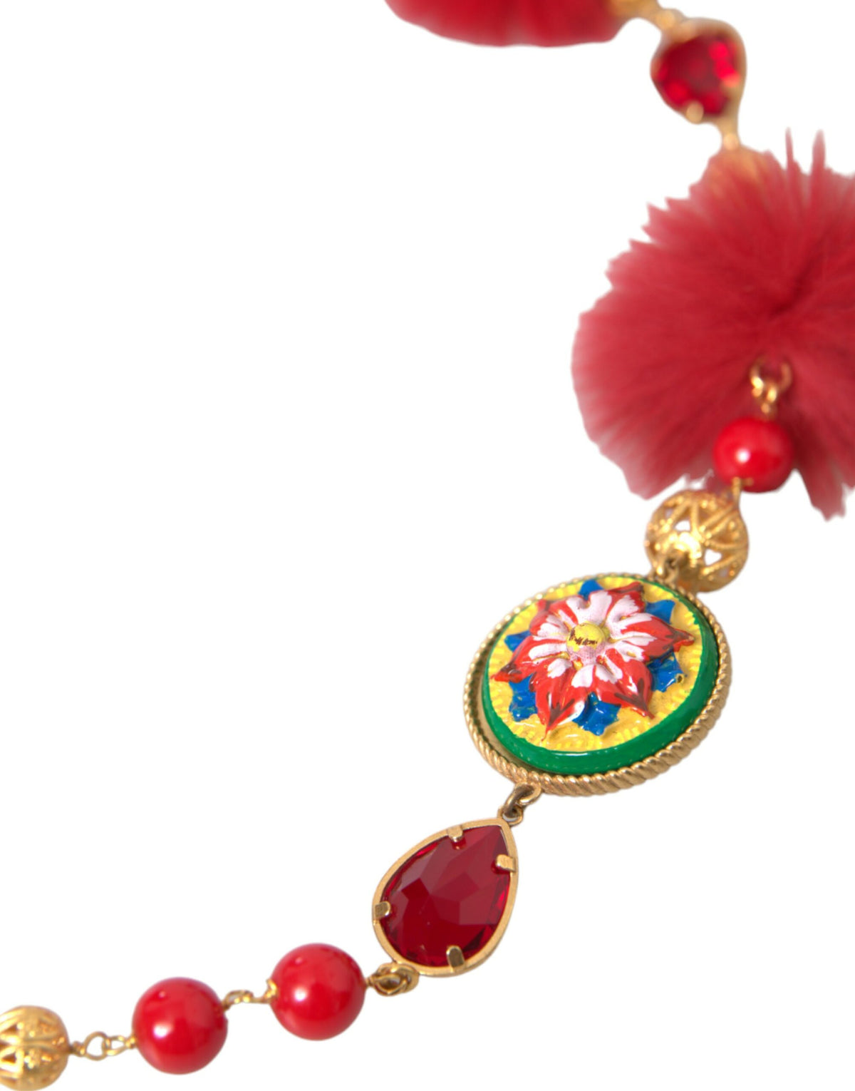 Collier Chaîne Carretto en Laiton Doré, Fourrure Rouge et Cristaux - Dolce & Gabbana