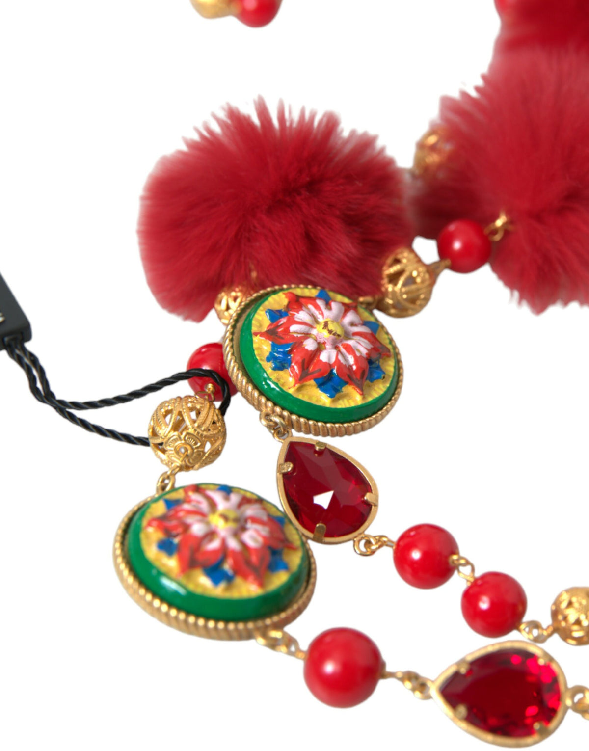 Collier Chaîne Carretto en Laiton Doré, Fourrure Rouge et Cristaux - Dolce & Gabbana