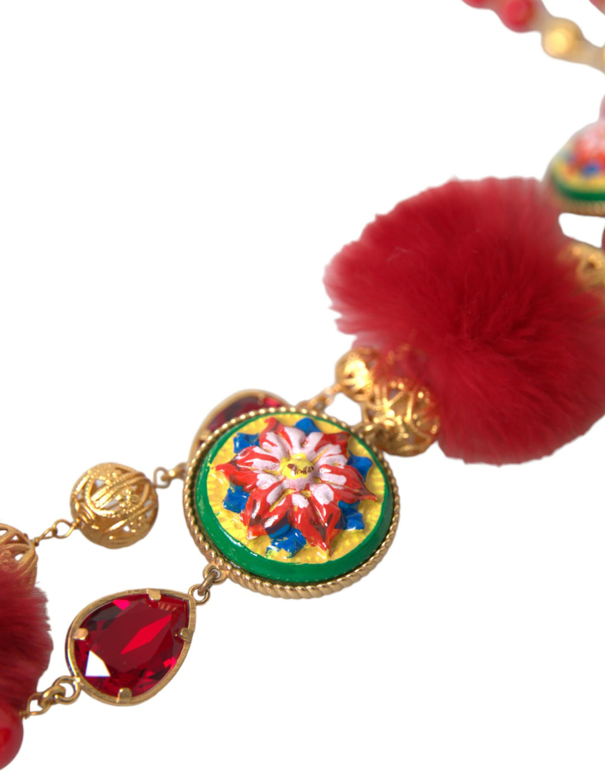 Collier Chaîne Carretto en Laiton Doré, Fourrure Rouge et Cristaux - Dolce & Gabbana