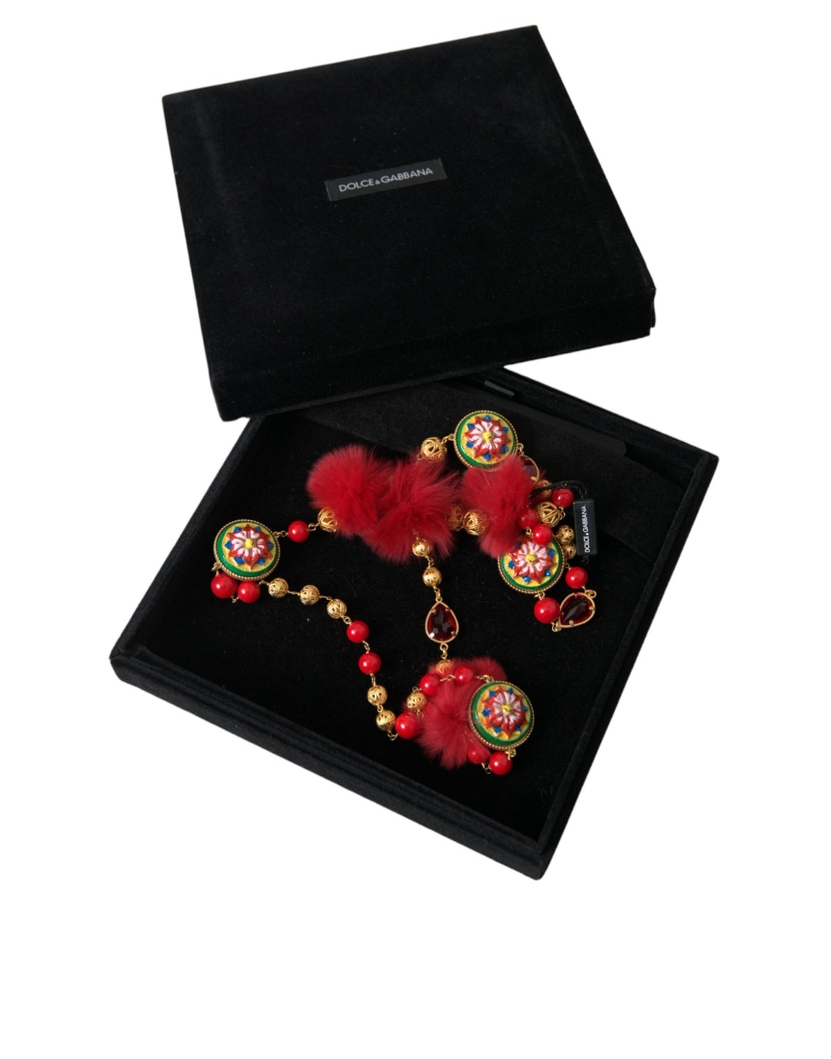 Collier Chaîne Carretto en Laiton Doré, Fourrure Rouge et Cristaux - Dolce & Gabbana