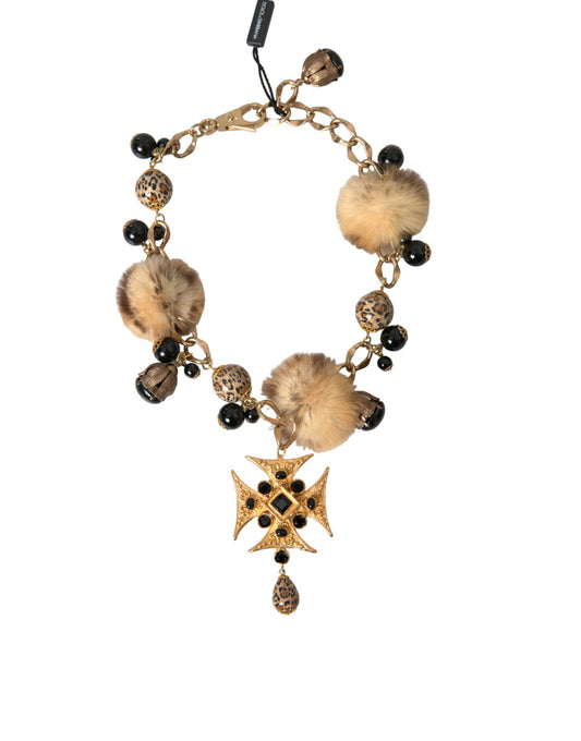Collier ras du cou Dolce & Gabbana en filigrane de fourrure de lapin avec cristaux noirs et dorés
