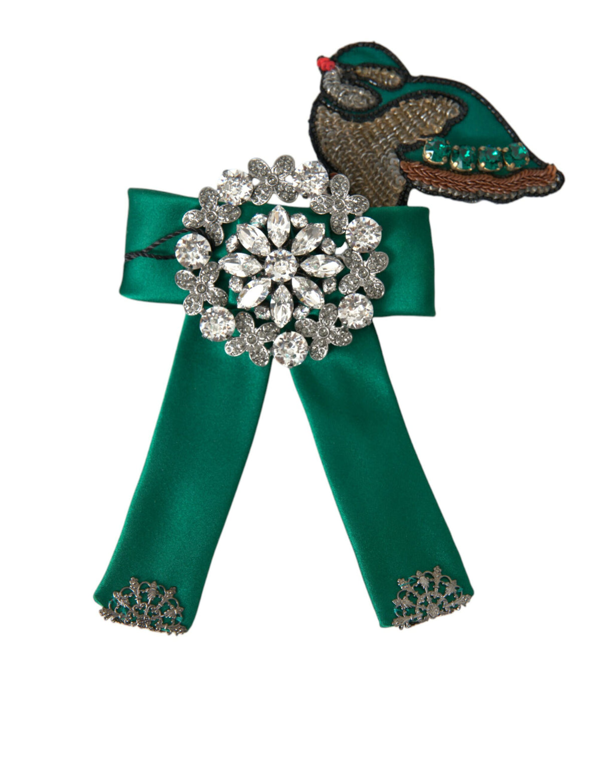 Dolce & Gabbana Green Satin Bird Crystal Hair Clip