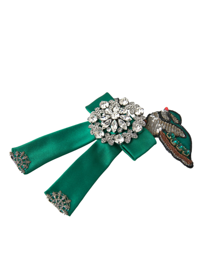 Dolce & Gabbana Green Satin Bird Crystal Hair Clip
