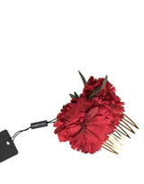 Dolce & Gabbana Peigne Floral en Soie Rouge et Laiton Doré