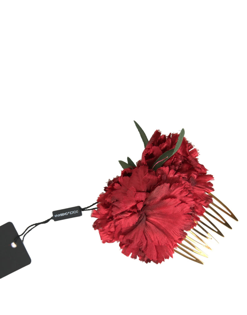 Dolce & Gabbana Red Silk Floral Gold Brass Hair Comb