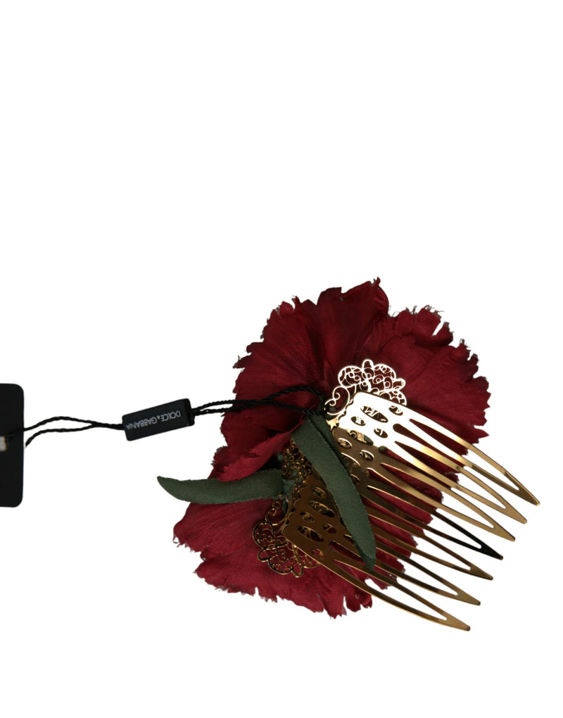 Dolce & Gabbana Red Silk Floral Gold Brass Hair Comb