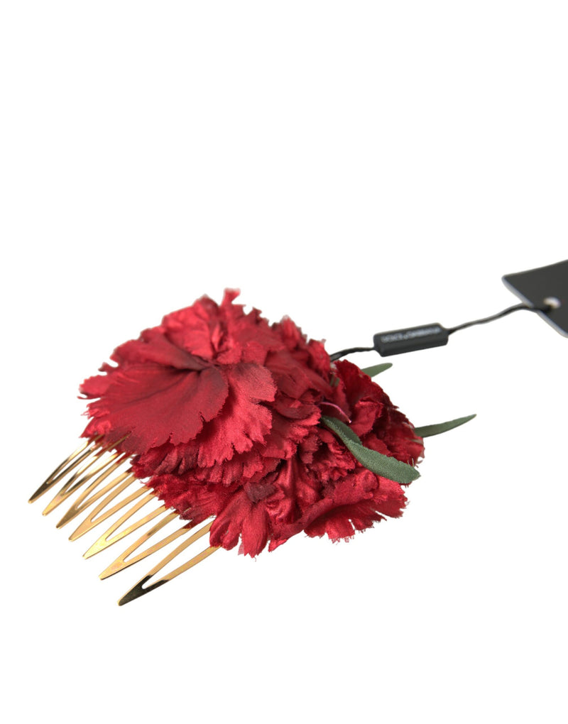 Dolce & Gabbana Red Silk Floral Gold Brass Hair Comb