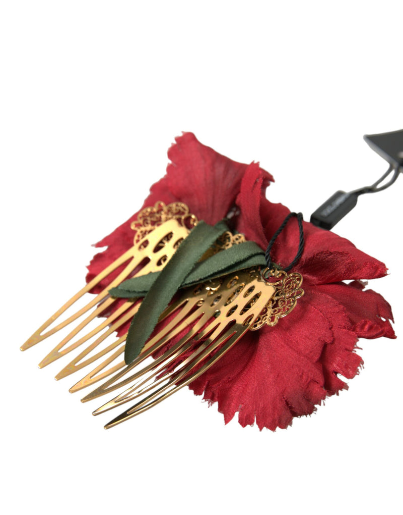Dolce & Gabbana Red Silk Floral Gold Brass Hair Comb