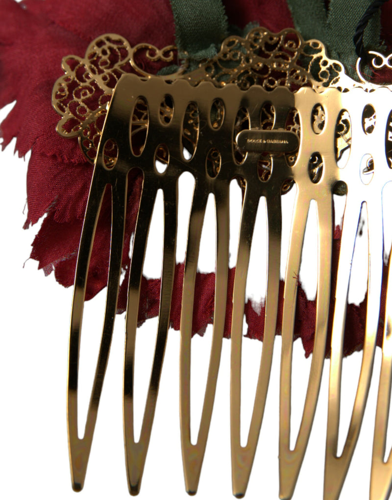 Dolce & Gabbana Red Silk Floral Gold Brass Hair Comb