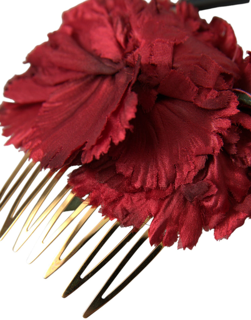 Dolce & Gabbana Red Silk Floral Gold Brass Hair Comb