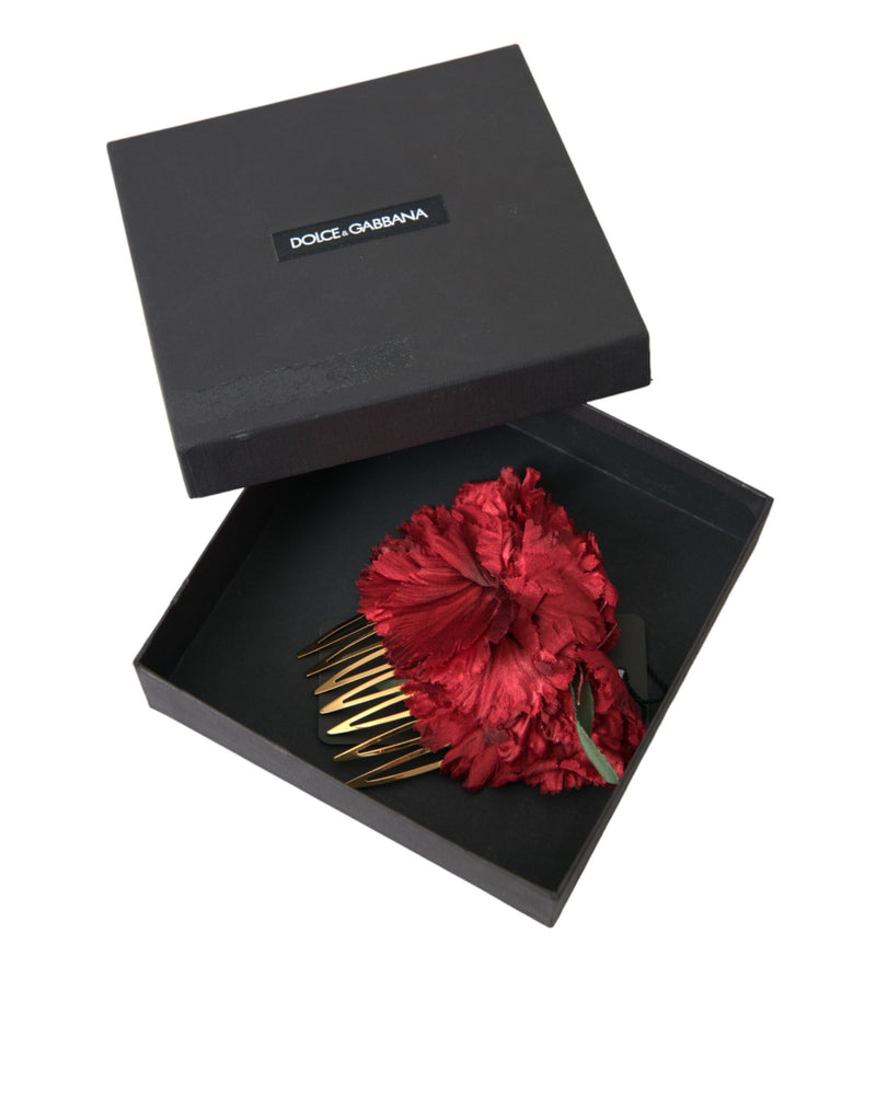 Dolce & Gabbana Red Silk Floral Gold Brass Hair Comb