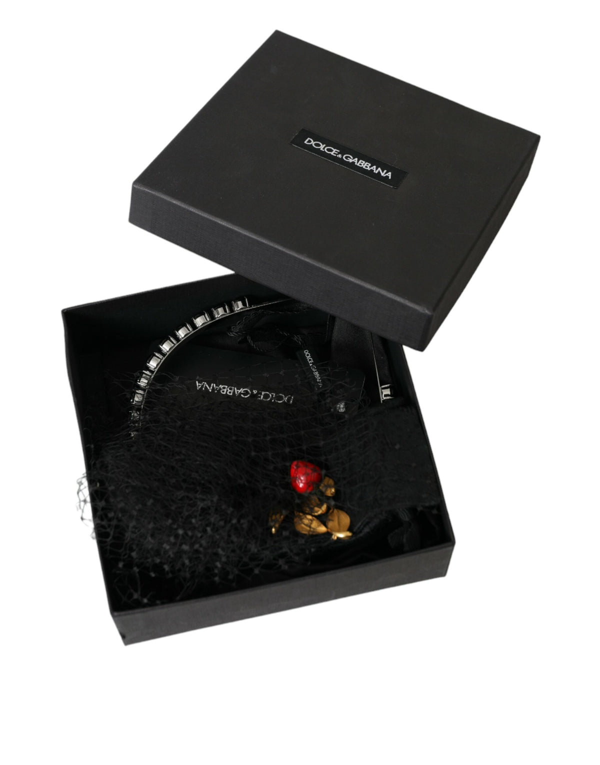 Dolce & Gabbana Black Strawberry Sicily Crystal Mesh Net Headband