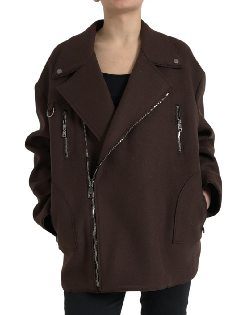Dolce & Gabbana Brown Biker Wool Jacket - Authentic & Stylish
