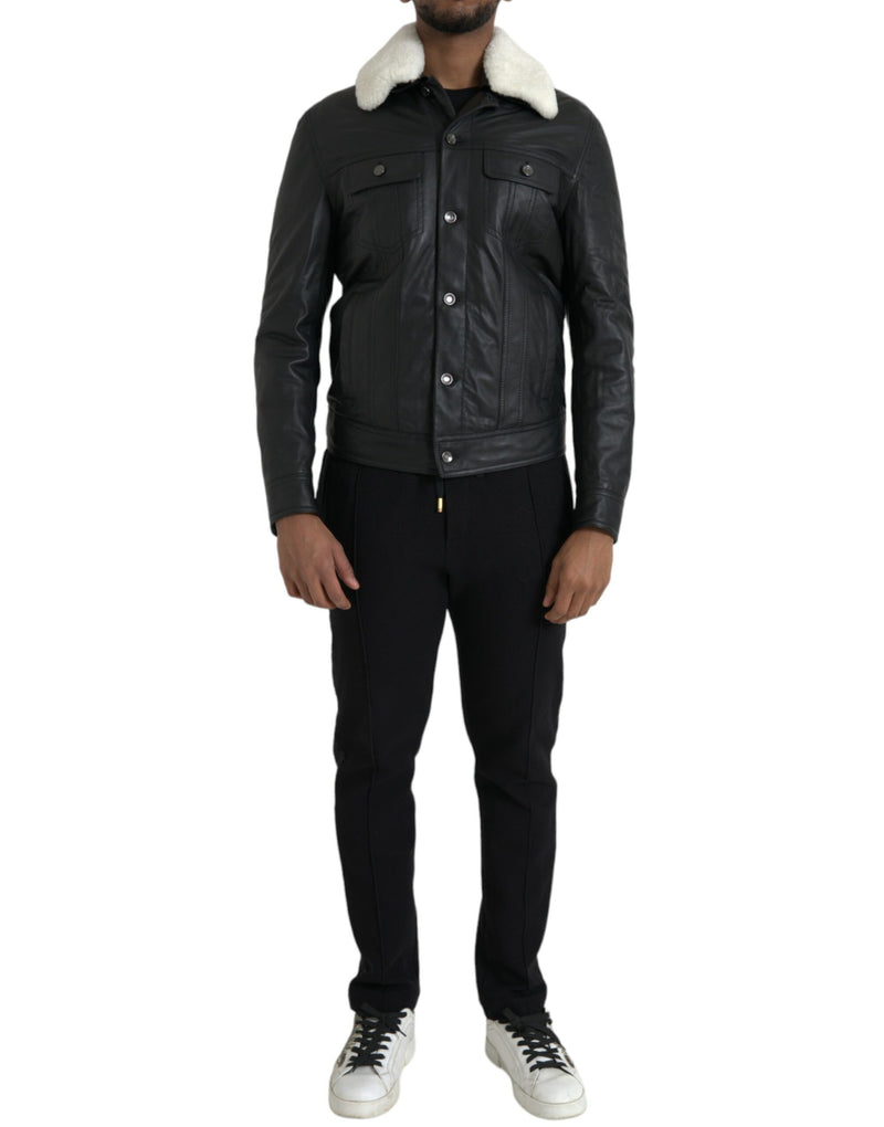 Dolce & Gabbana leren bikerjas met bontkraag in het zwart