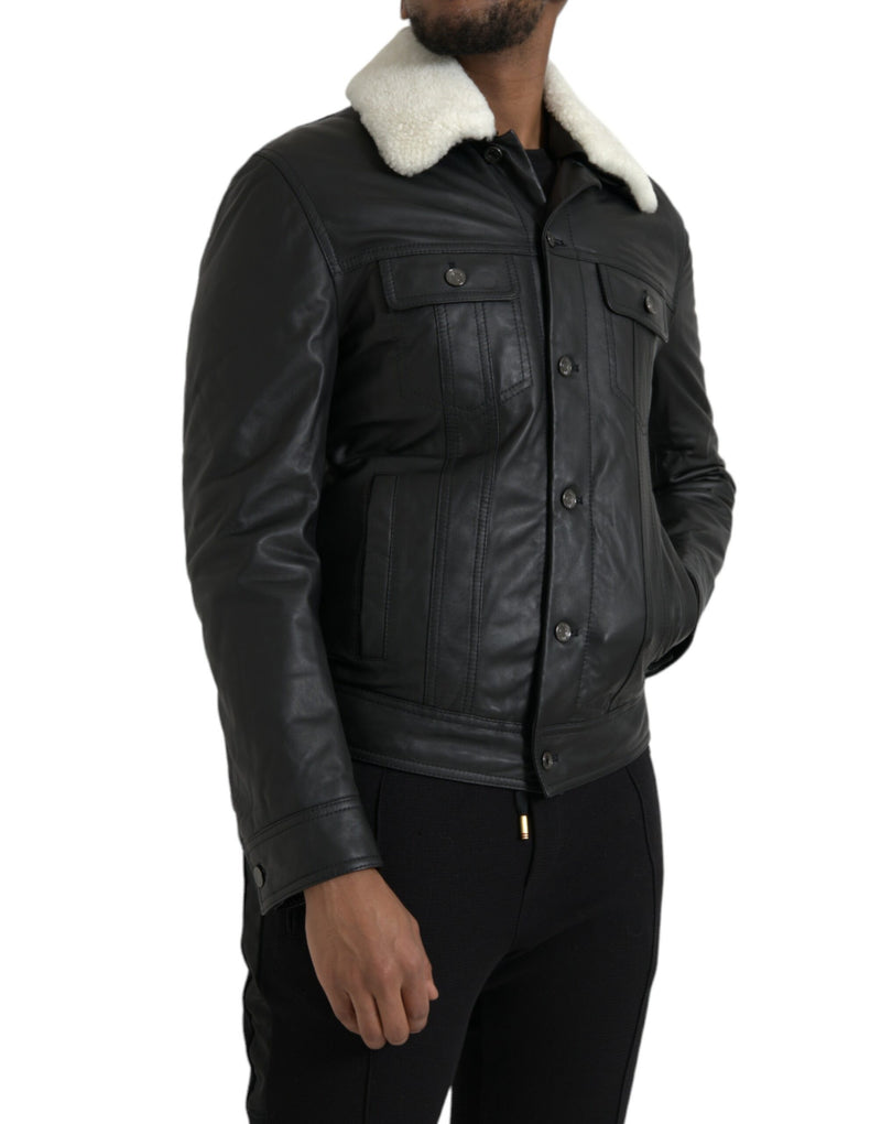 Dolce & Gabbana leren bikerjas met bontkraag in het zwart