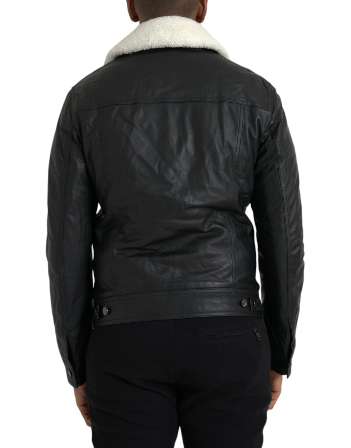 Dolce & Gabbana, veste motard en cuir noir avec col en fourrure.
