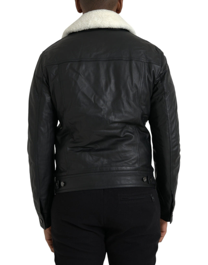 Dolce & Gabbana leren bikerjas met bontkraag in het zwart