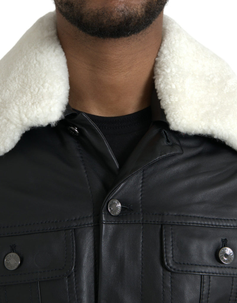 Dolce & Gabbana leren bikerjas met bontkraag in het zwart