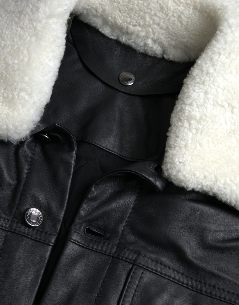 Dolce & Gabbana leren bikerjas met bontkraag in het zwart