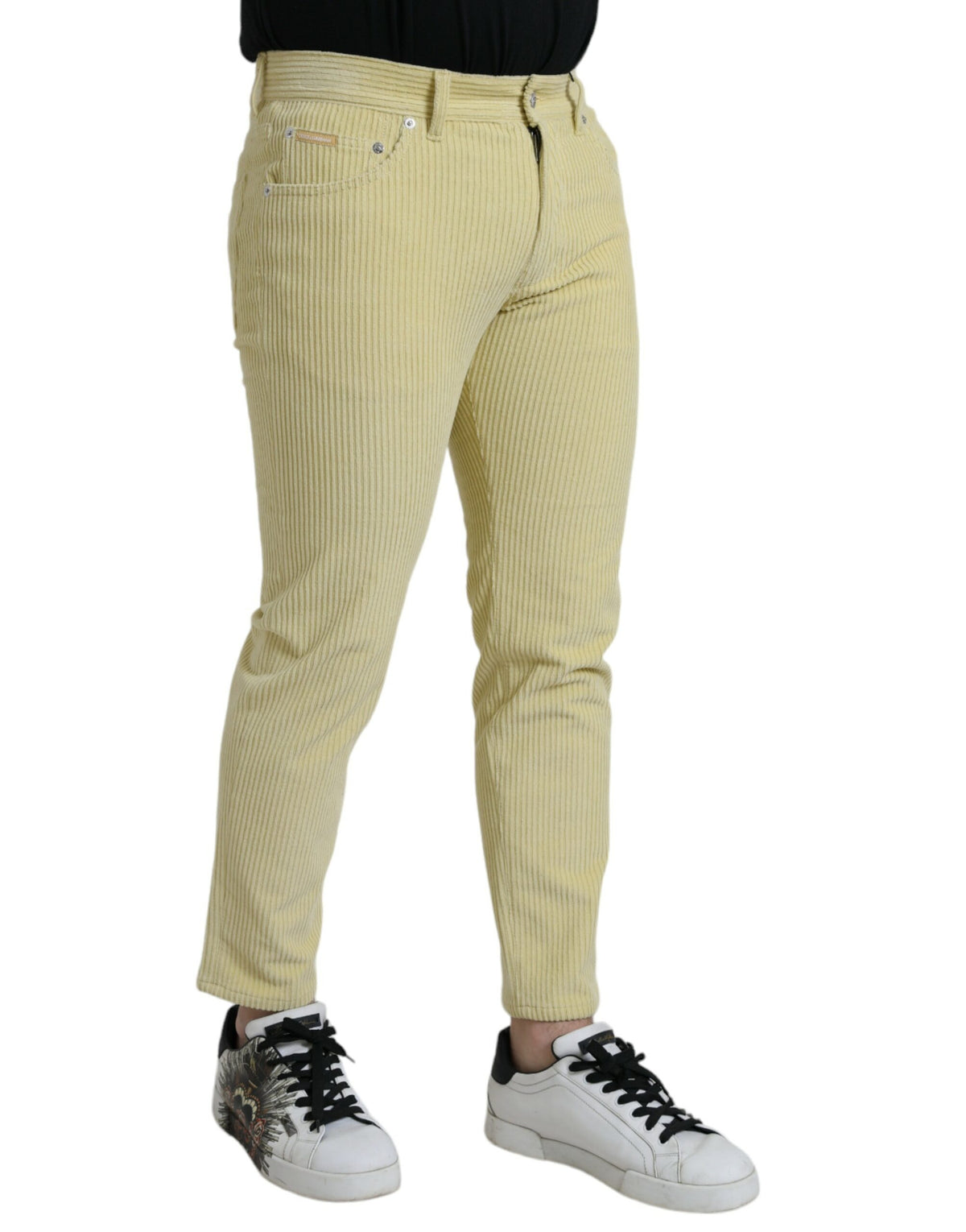 Jeans skinny en jean côtelé jaune avec plaque logo Dolce &amp; Gabbana