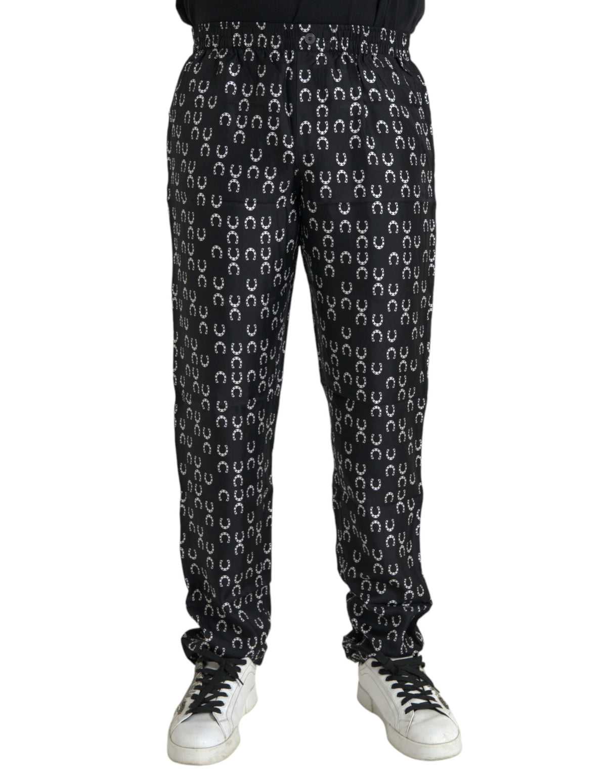 Pantalon en soie noir à imprimé fer à cheval de Dolce &amp; Gabbana