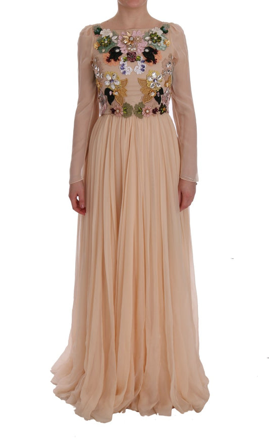 Robe longue en soie rose à motifs floraux et cristaux de Dolce & Gabbana