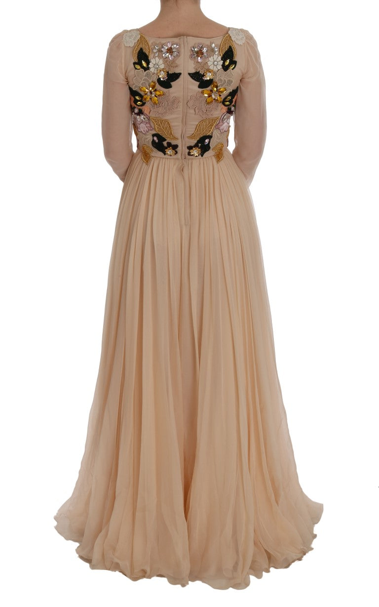 Robe longue en soie rose à motifs floraux et cristaux de Dolce & Gabbana