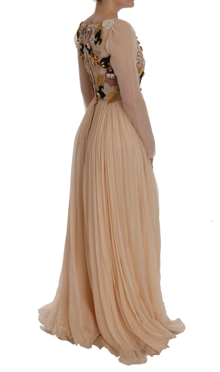 Robe longue en soie rose à motifs floraux et cristaux de Dolce & Gabbana